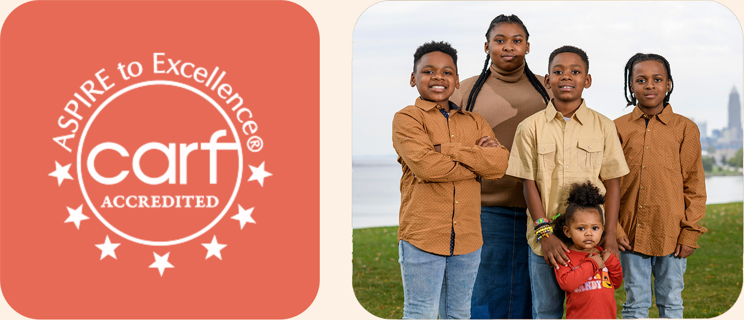 carf logo, family standing together